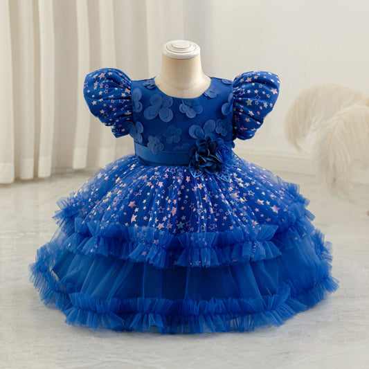 Princess Puffy Mesh Ball Gown Tea Length Dress for Girls | Formal & Party Wear