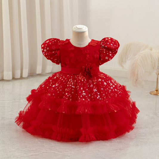 Princess Puffy Mesh Ball Gown Tea Length Dress for Girls | Formal & Party Wear
