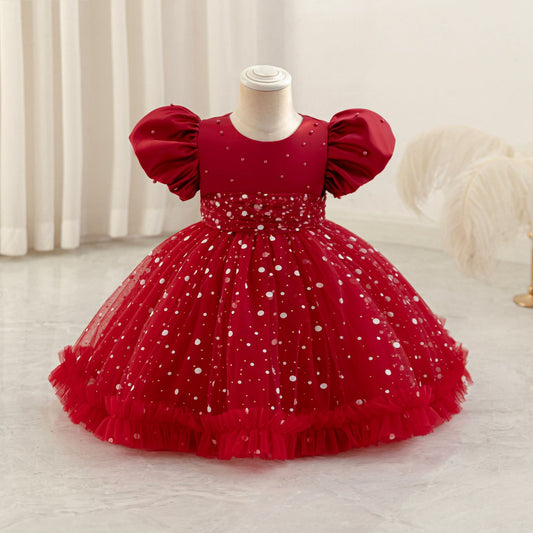 Girls Princess Ball Gown Mesh Dress with Sequins & Beads | Tea Length Party & Flower Girl Dress