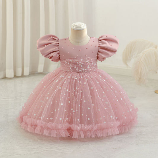 Girls Princess Ball Gown Mesh Dress with Sequins & Beads | Tea Length Party & Flower Girl Dress