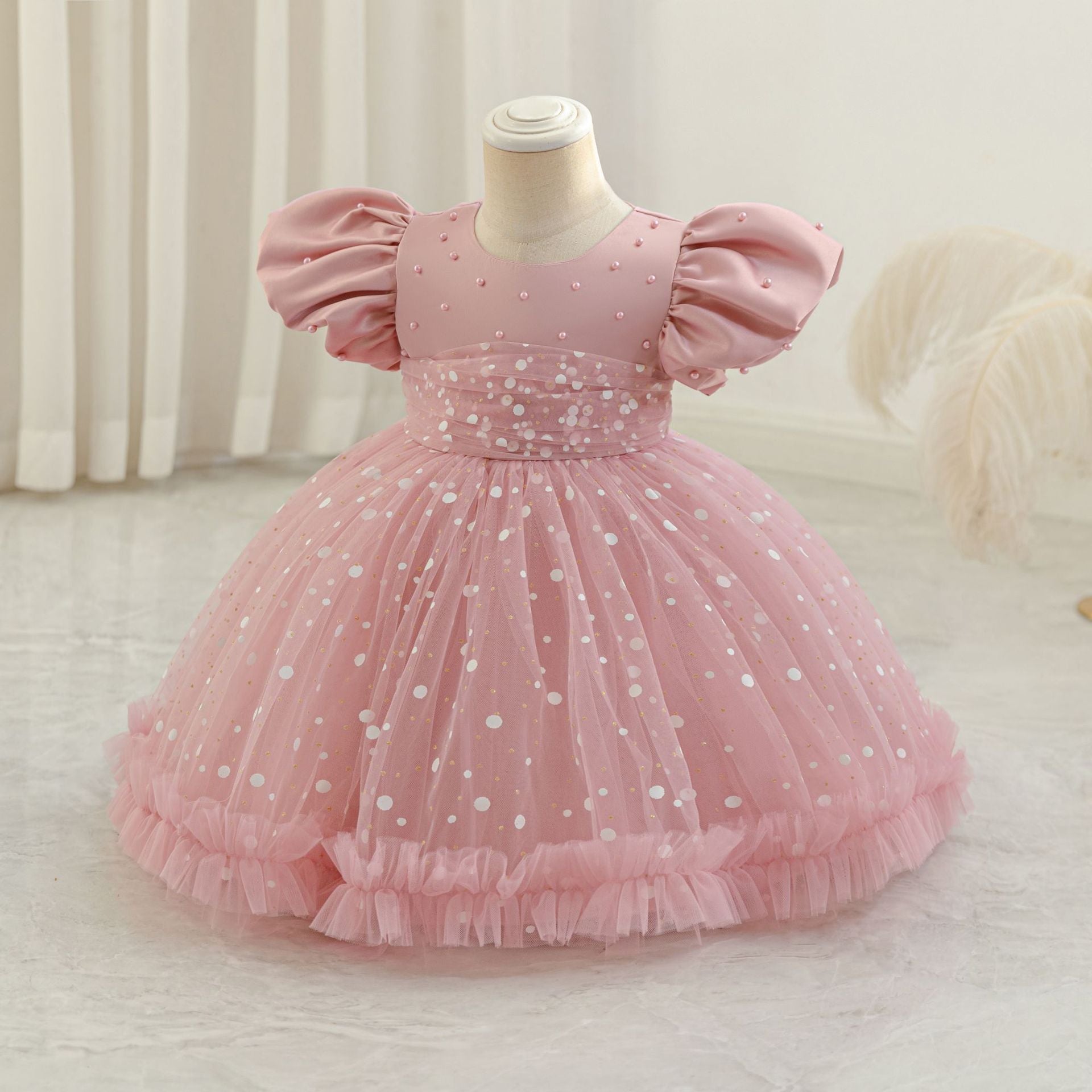 Girls Princess Ball Gown Mesh Dress with Sequins & Beads | Tea Length Party & Flower Girl Dress