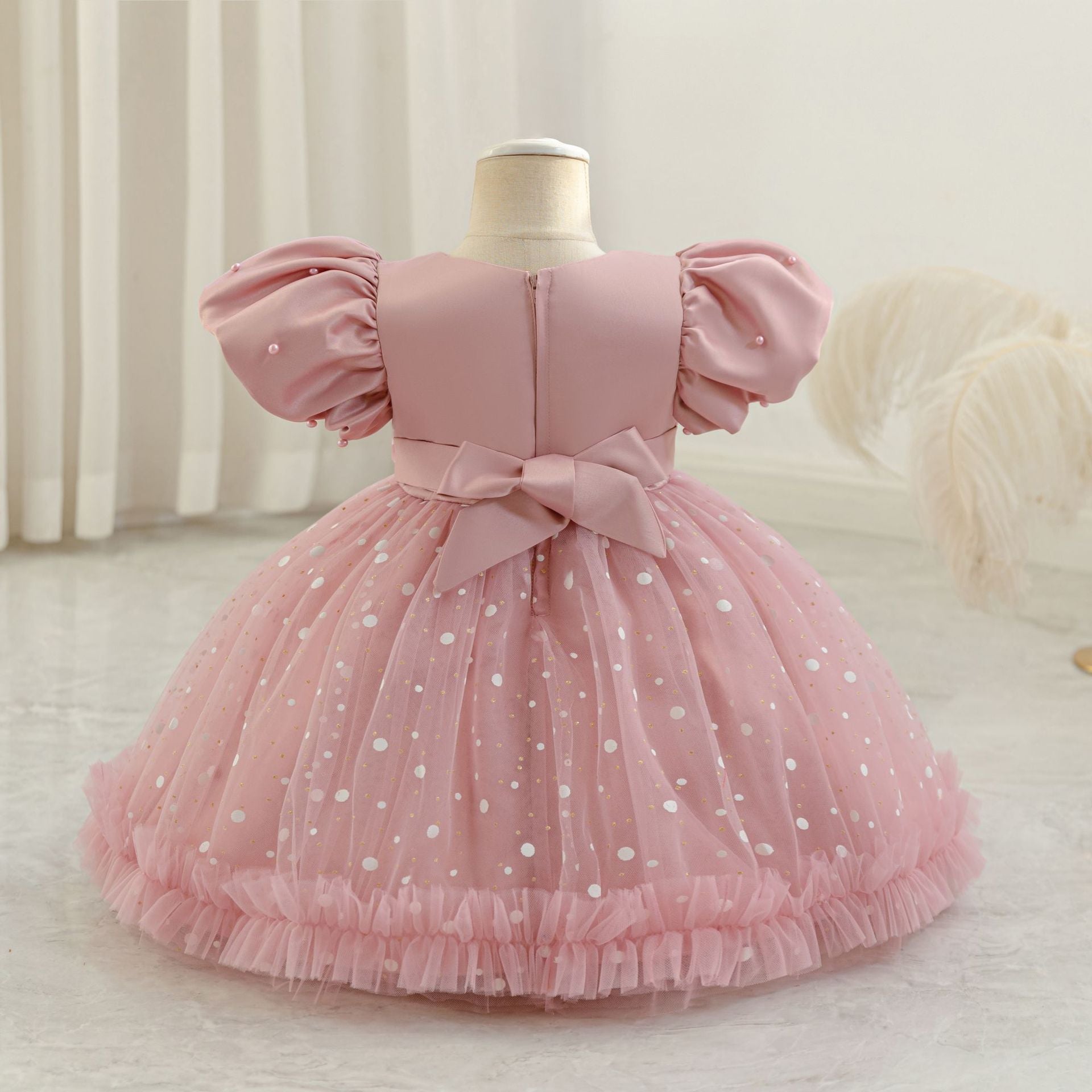 Girls Princess Ball Gown Mesh Dress with Sequins & Beads | Tea Length Party & Flower Girl Dress