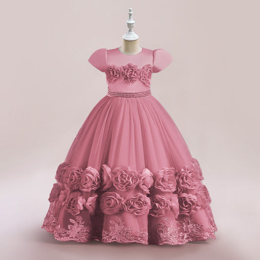 Princess Puffy Long Sleeve Ball Gown for Girls – Mesh Lace Maxi Occasion Dress