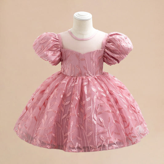 Princess Puffy Sleeve Flower Girl Dress – Pink Embroidered Ball Gown for Kids