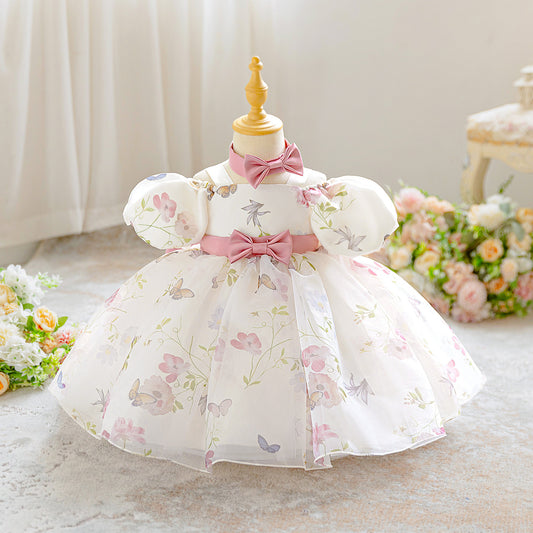 Puffy Sleeve Off-Shoulder Floral Girl's Dress | Kids Party & Wedding Gown