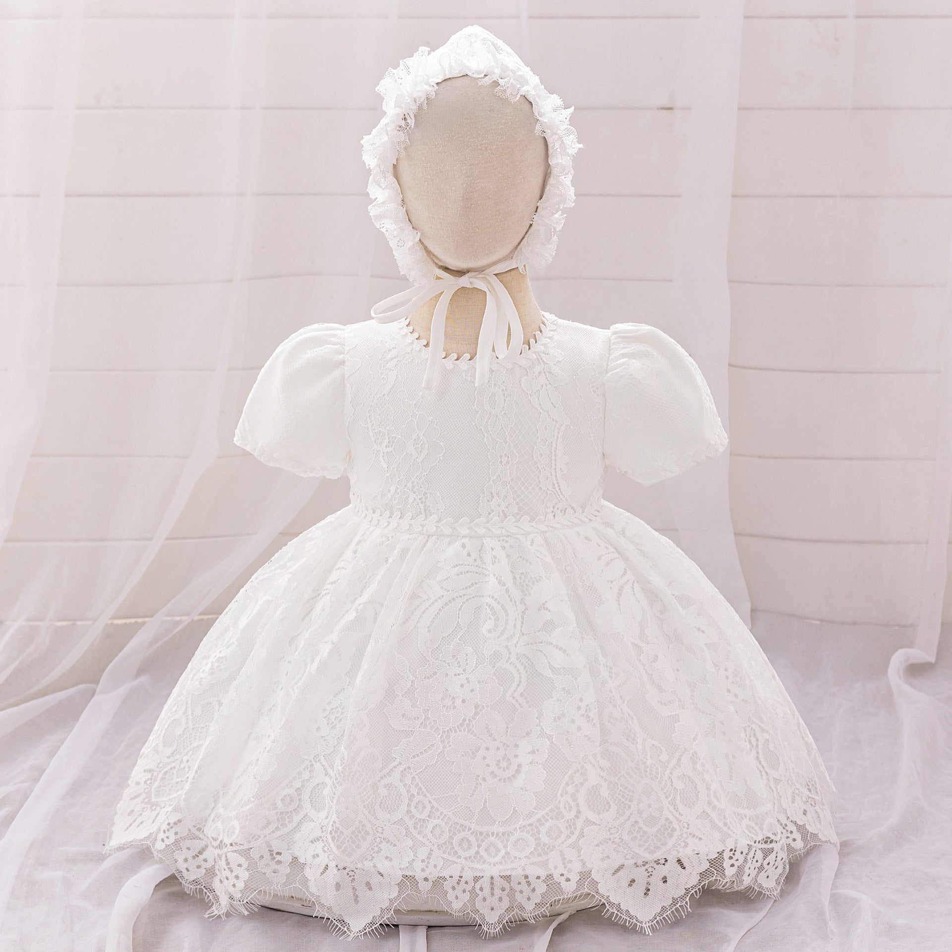 Princess Puffy Sleeve Lace Ball Gown Dress for Baby Girls - White Christening & Party Wear