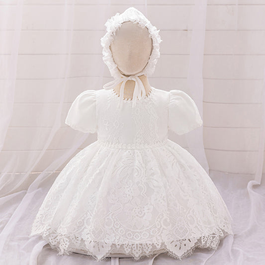 Princess Puffy Sleeve Lace Ball Gown Dress for Baby Girls - White Christening & Party Wear