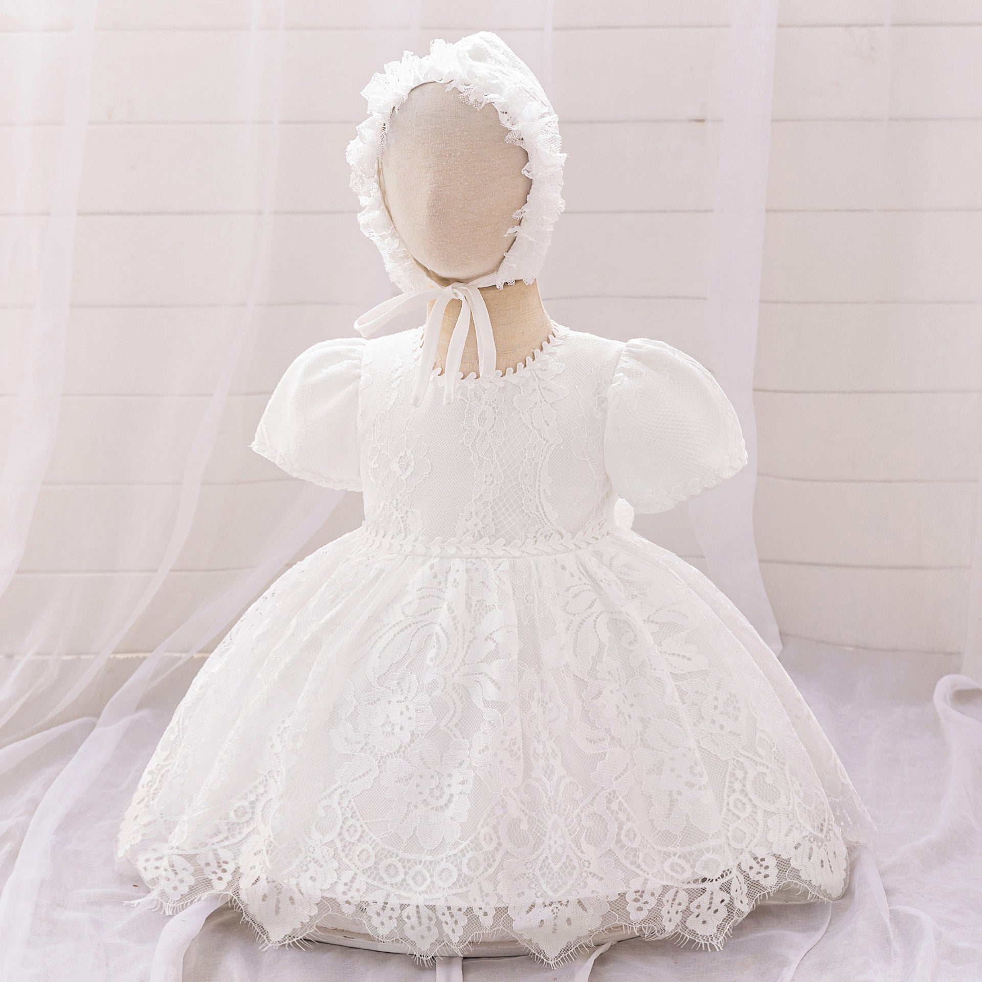 Princess Puffy Sleeve Lace Ball Gown Dress for Baby Girls - White Christening & Party Wear