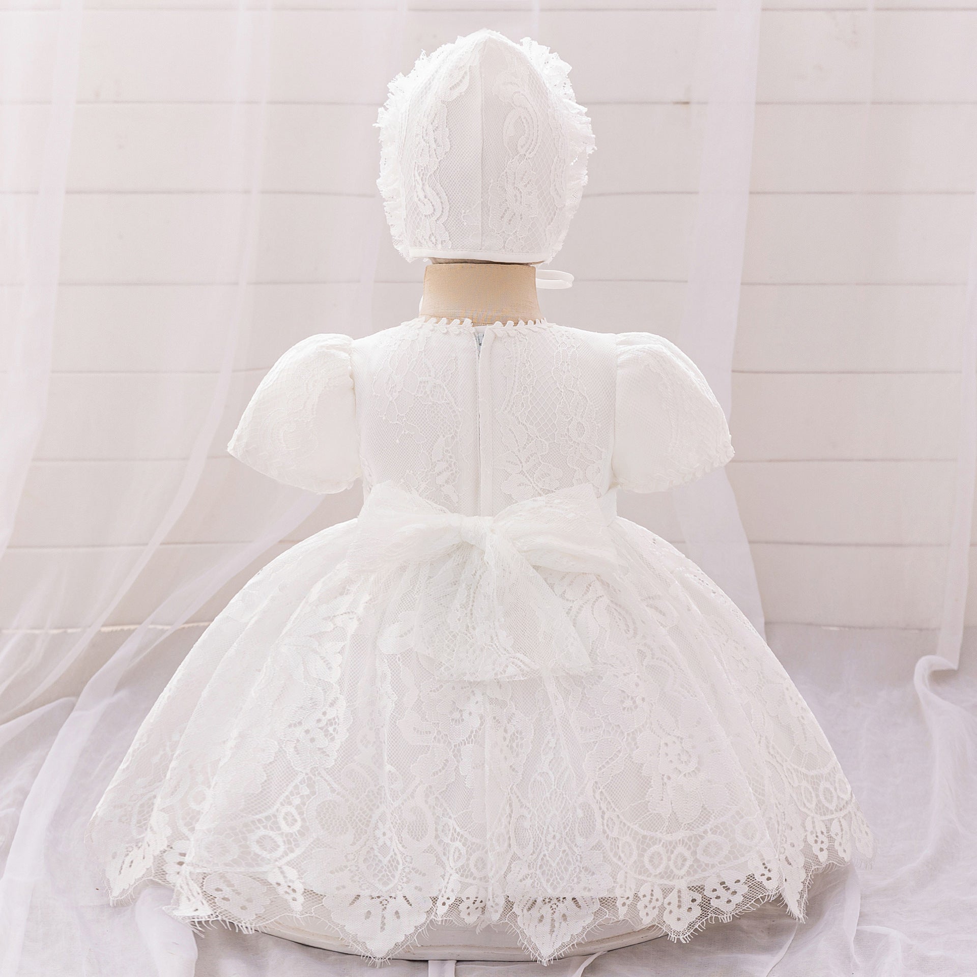 Princess Puffy Sleeve Lace Ball Gown Dress for Baby Girls - White Christening & Party Wear
