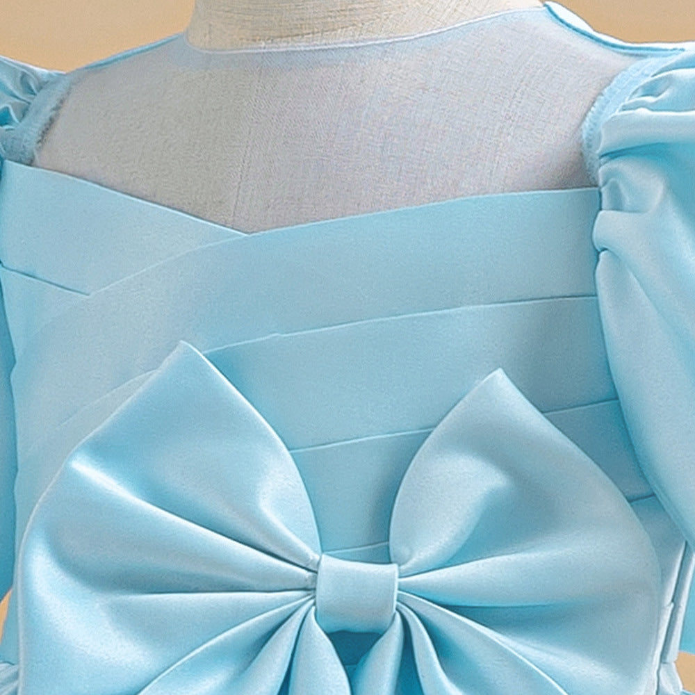Princess Puffy Sleeve Satin Ball Gown Dress for Girls – Tea Length Formal Little Girl Dress