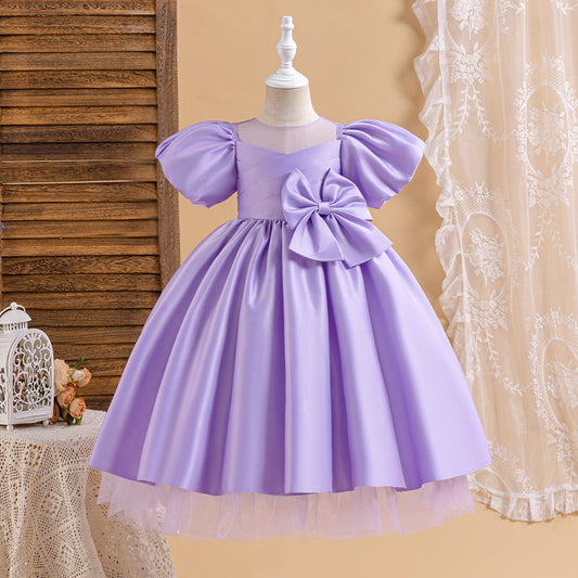 Princess Puffy Sleeve Satin Ball Gown Dress for Girls – Tea Length Formal Little Girl Dress