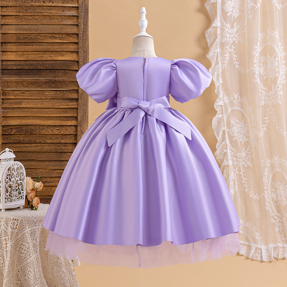 Princess Puffy Sleeve Satin Ball Gown Dress for Girls – Tea Length Formal Little Girl Dress
