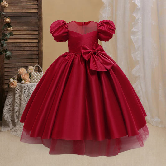 Princess Puffy Sleeve Satin Ball Gown Dress for Girls – Tea Length Formal Little Girl Dress