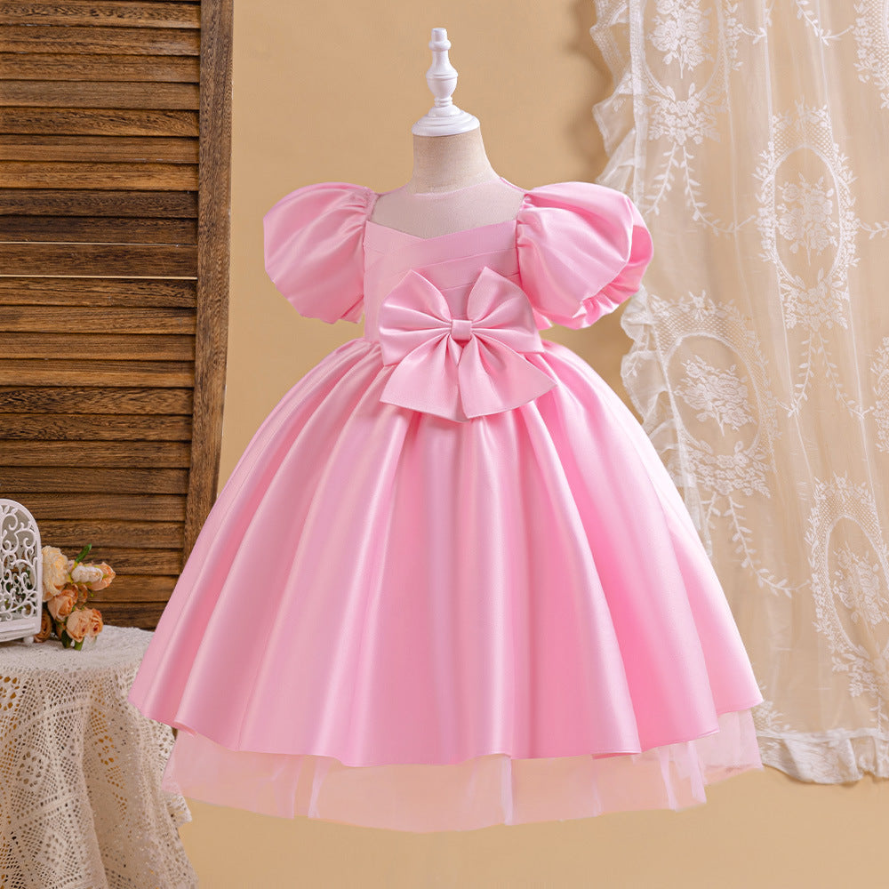 Princess Puffy Sleeve Satin Ball Gown Dress for Girls – Tea Length Formal Little Girl Dress