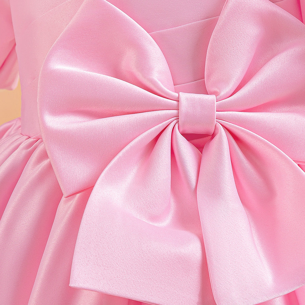 Princess Puffy Sleeve Satin Ball Gown Dress for Girls – Tea Length Formal Little Girl Dress