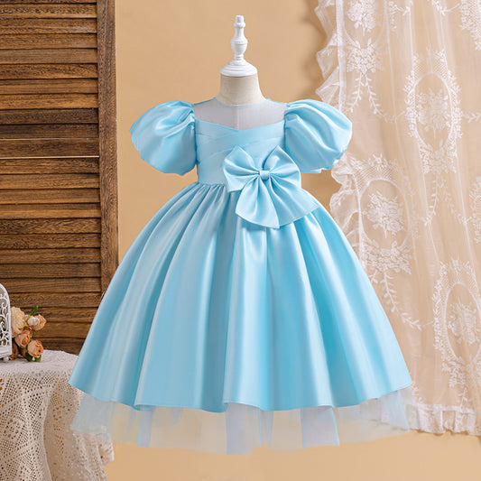 Princess Puffy Sleeve Satin Ball Gown Dress for Girls – Tea Length Formal Little Girl Dress