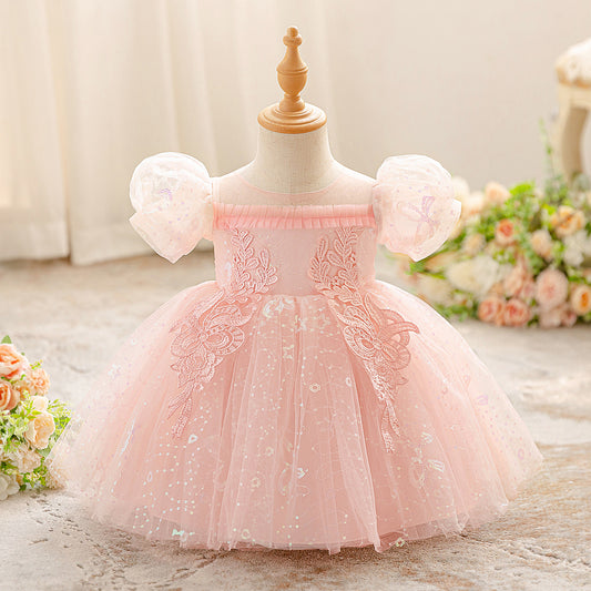 Light Pink Puffy Sleeve Princess Dress for Girls - Tea-Length Tulle Ball Gown with Bow and Sequins
