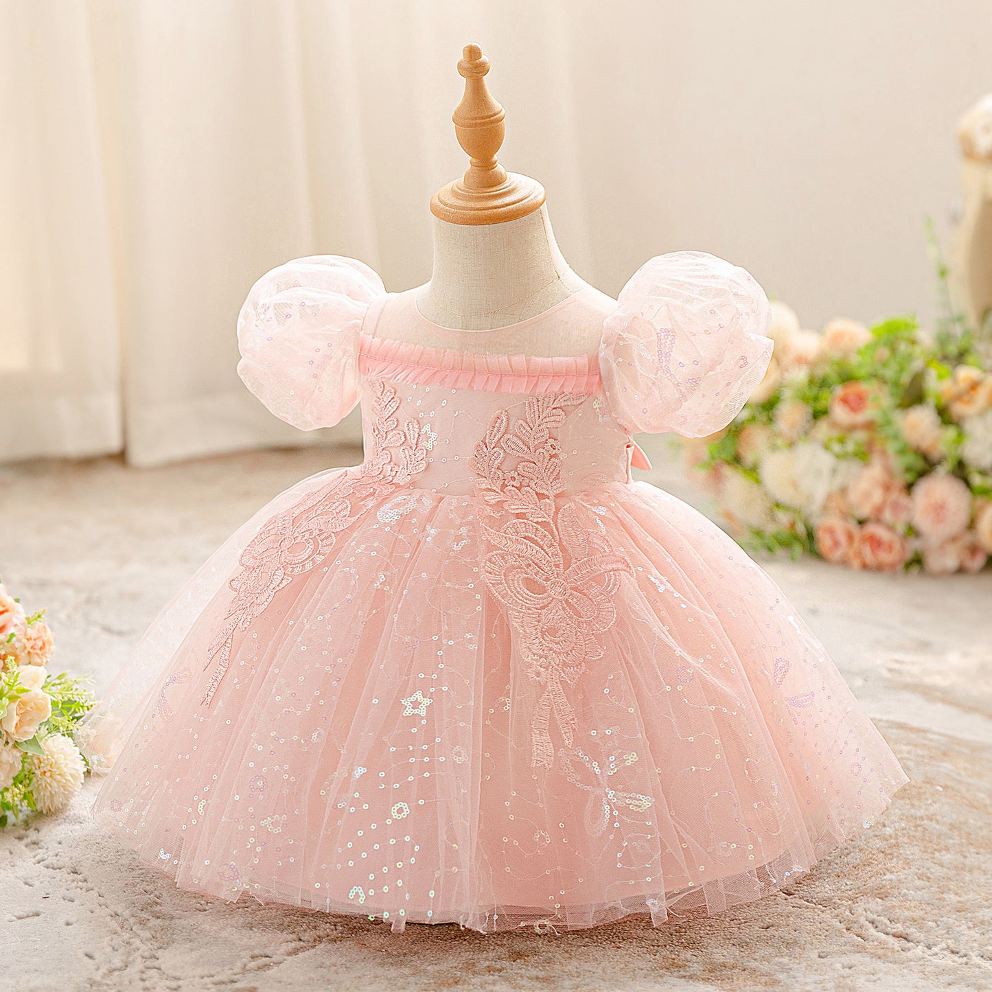 Light Pink Puffy Sleeve Princess Dress for Girls - Tea-Length Tulle Ball Gown with Bow and Sequins