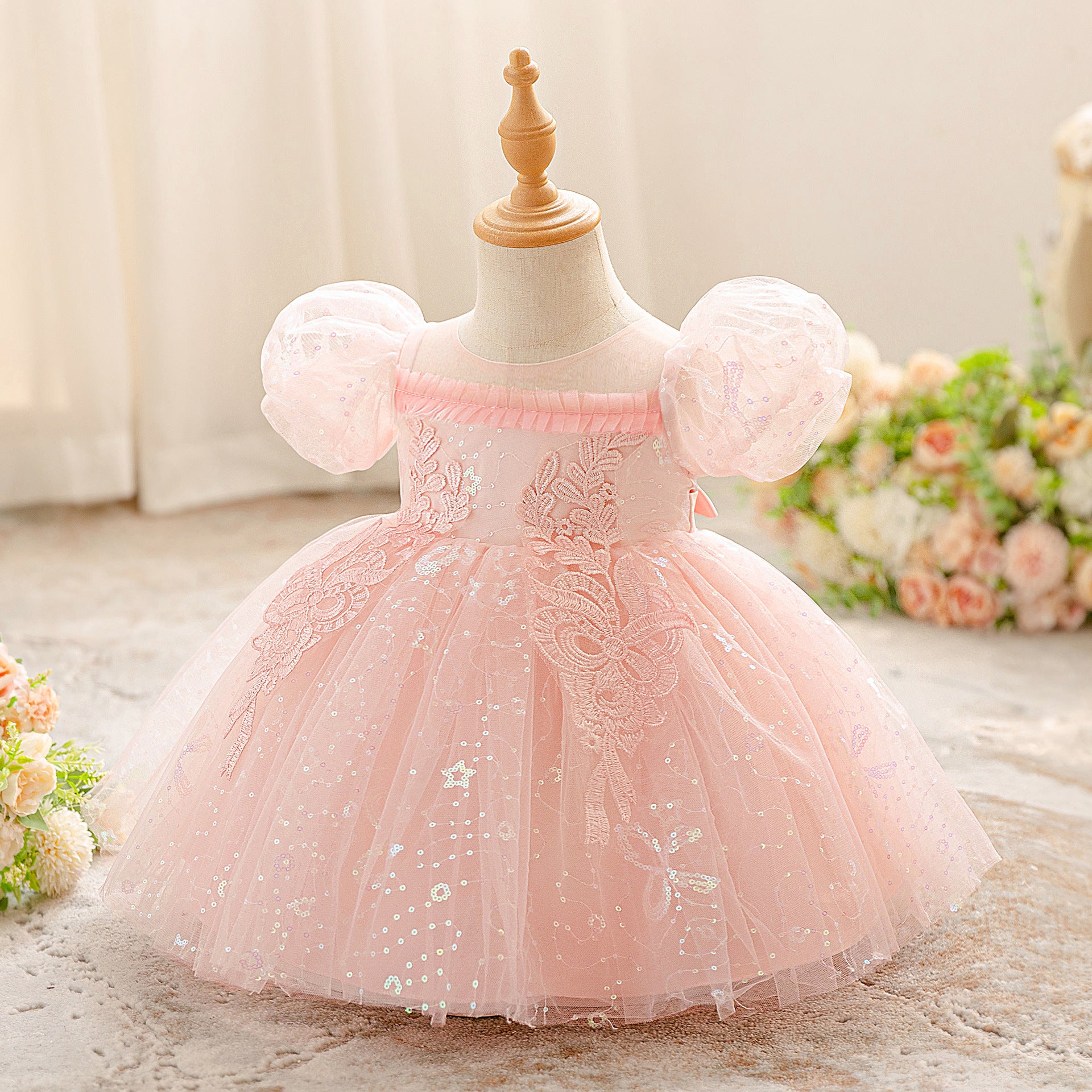 Light Pink Puffy Sleeve Princess Dress for Girls - Tea-Length Tulle Ball Gown with Bow and Sequins