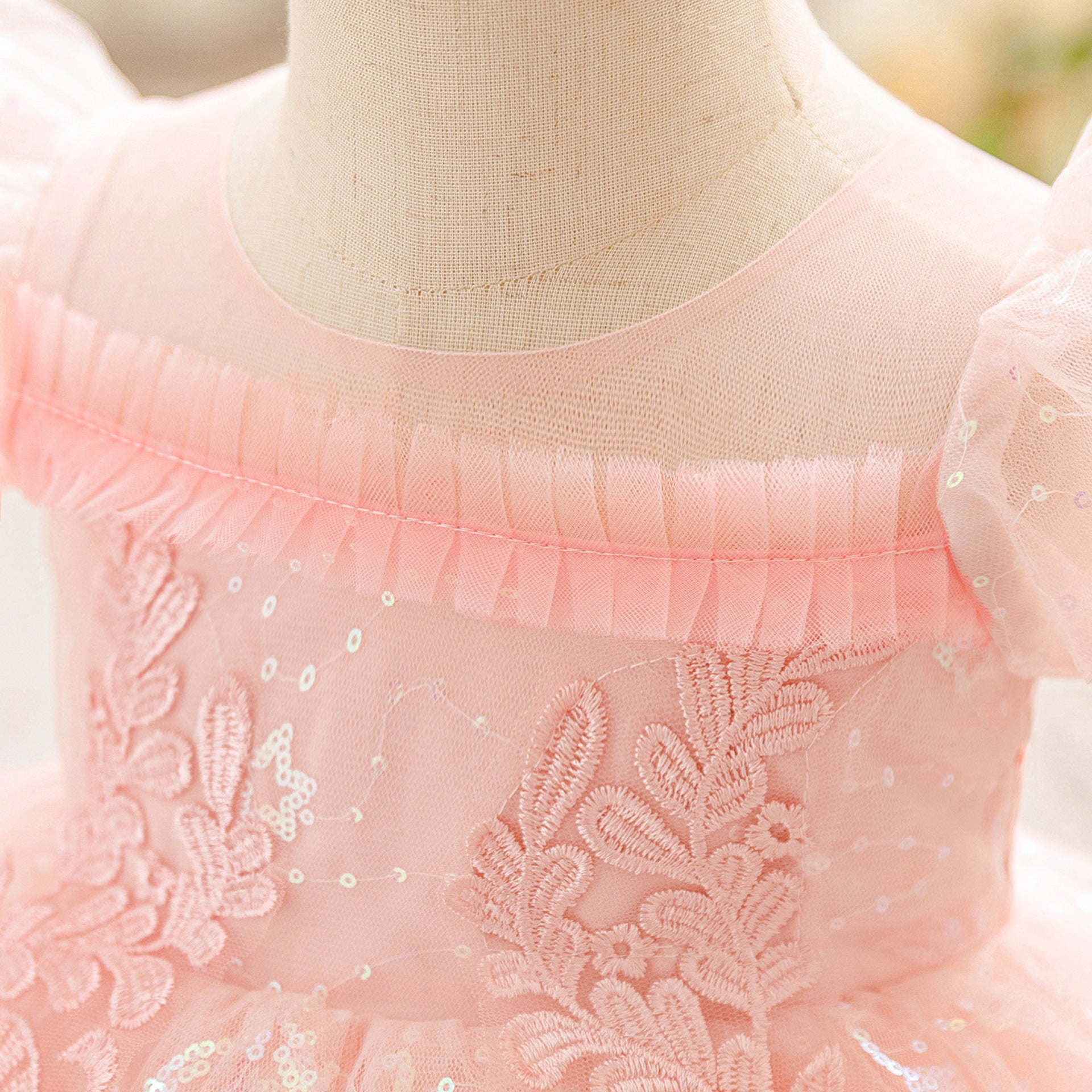 Light Pink Puffy Sleeve Princess Dress for Girls - Tea-Length Tulle Ball Gown with Bow and Sequins