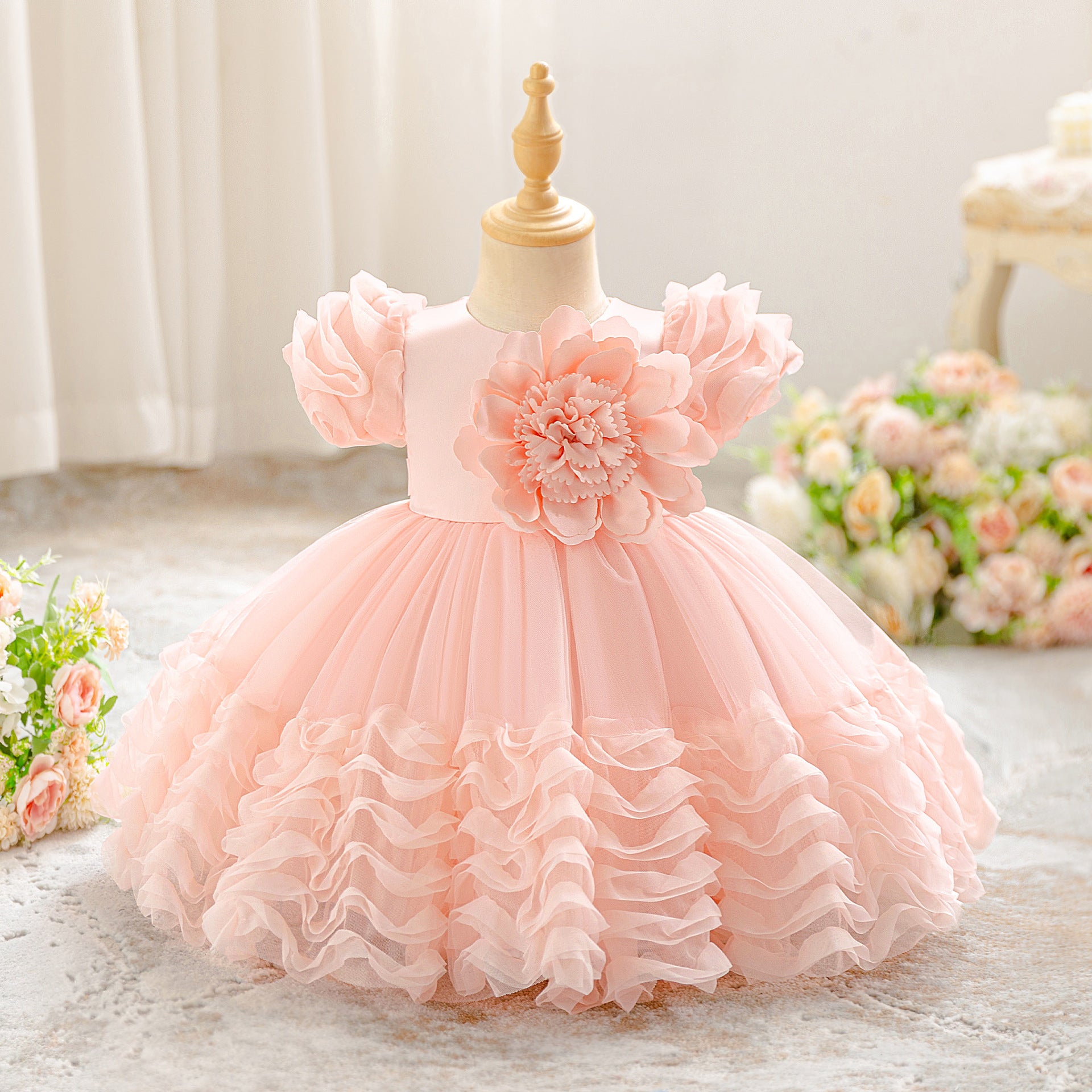 Princess Puffy Sleeve Tulle Ball Gown for Toddlers – Light Pink Party & Flower Girl Dress