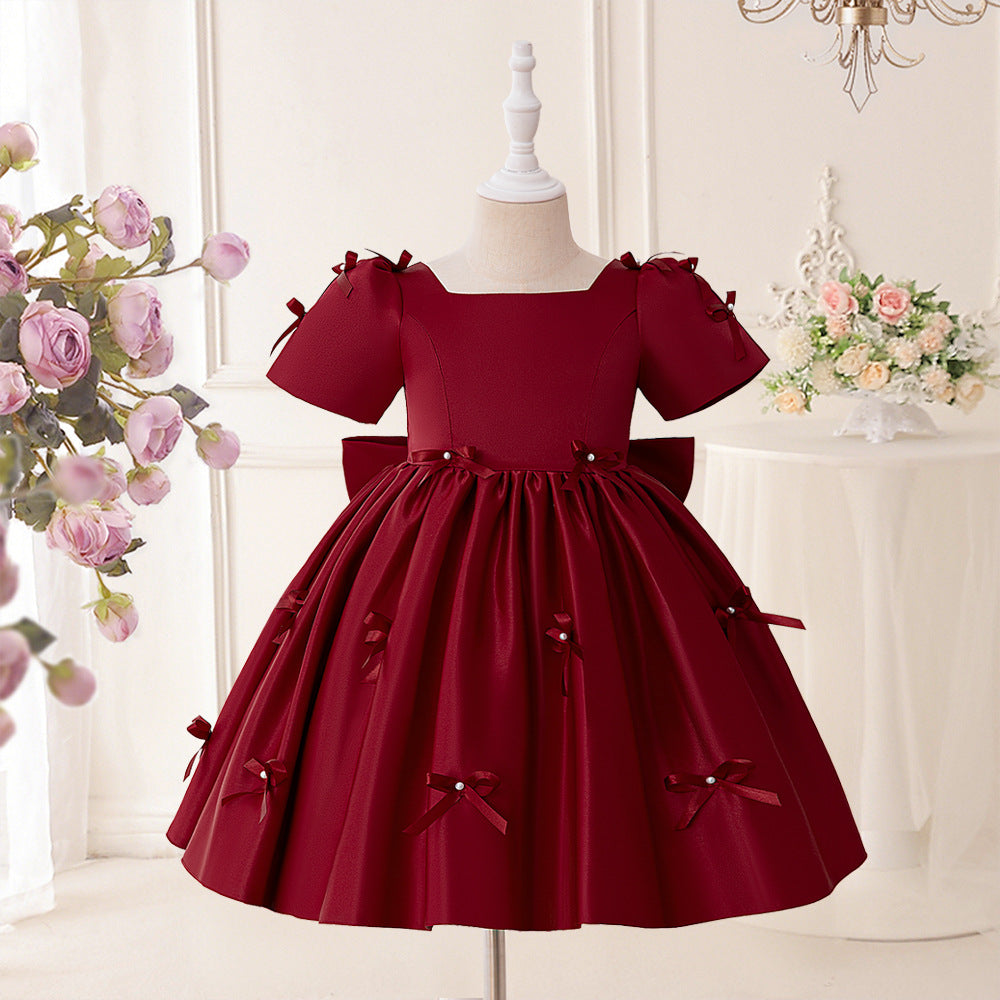 Princess Puffy Tea Length Dress for Girls – Bowknot & Ruffle Ball Gown
