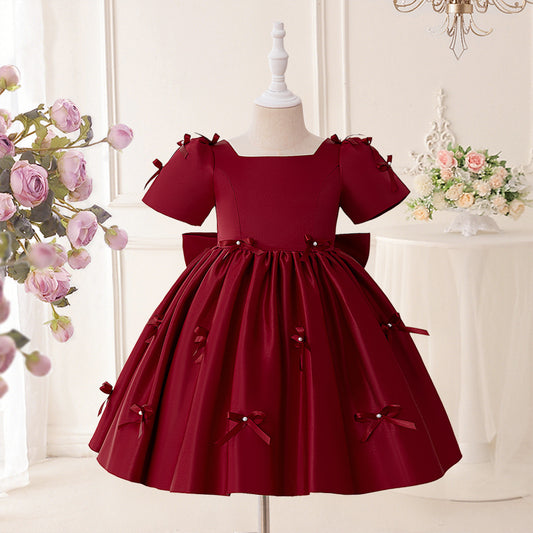 Princess Puffy Tea Length Dress for Girls – Bowknot & Ruffle Ball Gown