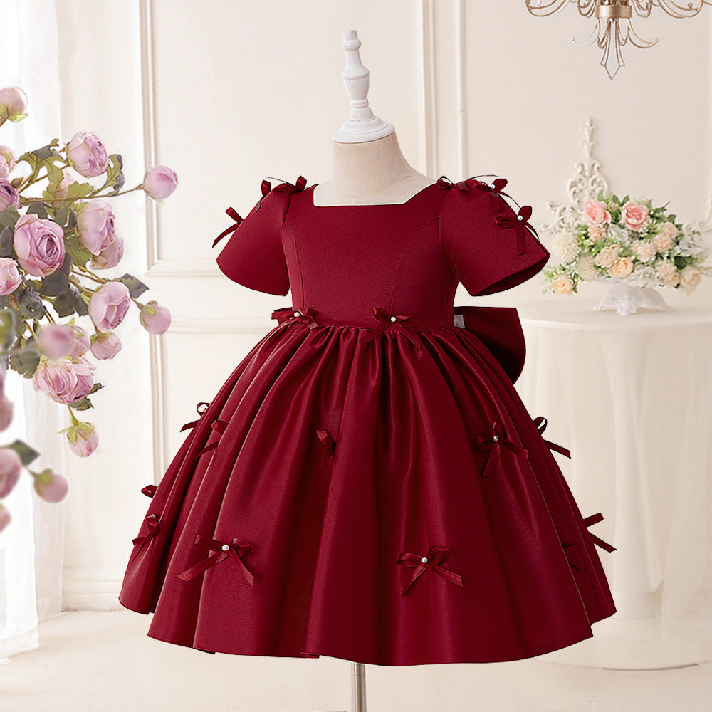 Princess Puffy Tea Length Dress for Girls – Bowknot & Ruffle Ball Gown