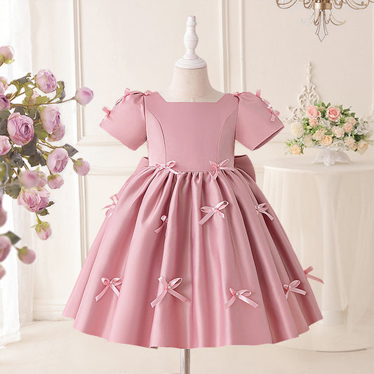Princess Puffy Tea Length Dress for Girls – Bowknot & Ruffle Ball Gown