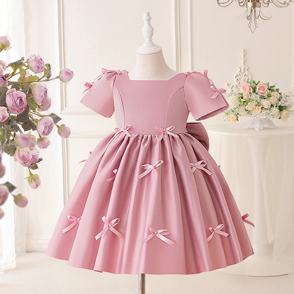 Princess Puffy Tea Length Dress for Girls – Bowknot & Ruffle Ball Gown
