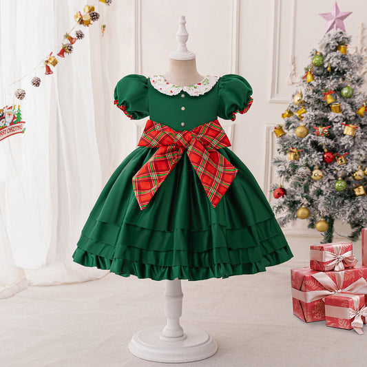 Dark Green Princess Puffy Dress with Collar & Bow for Girls - Tea Length, Satin, Flower Girl & Party Gown