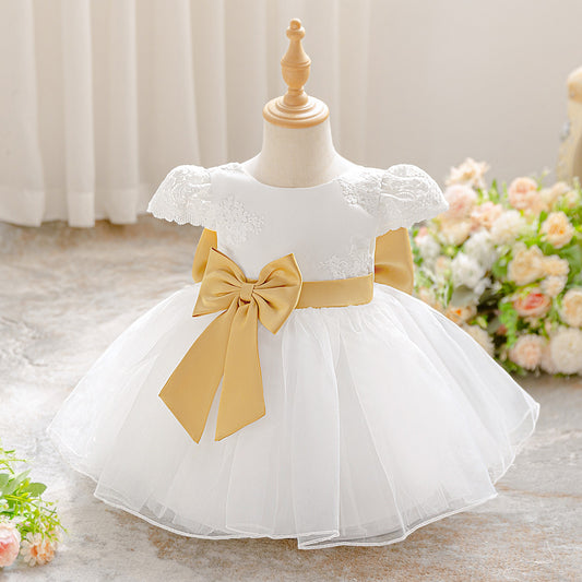 Puffy Ball Gown Tea-Length Infant Dress with Lace & Bowknot | Baby Girl Formal White Dress