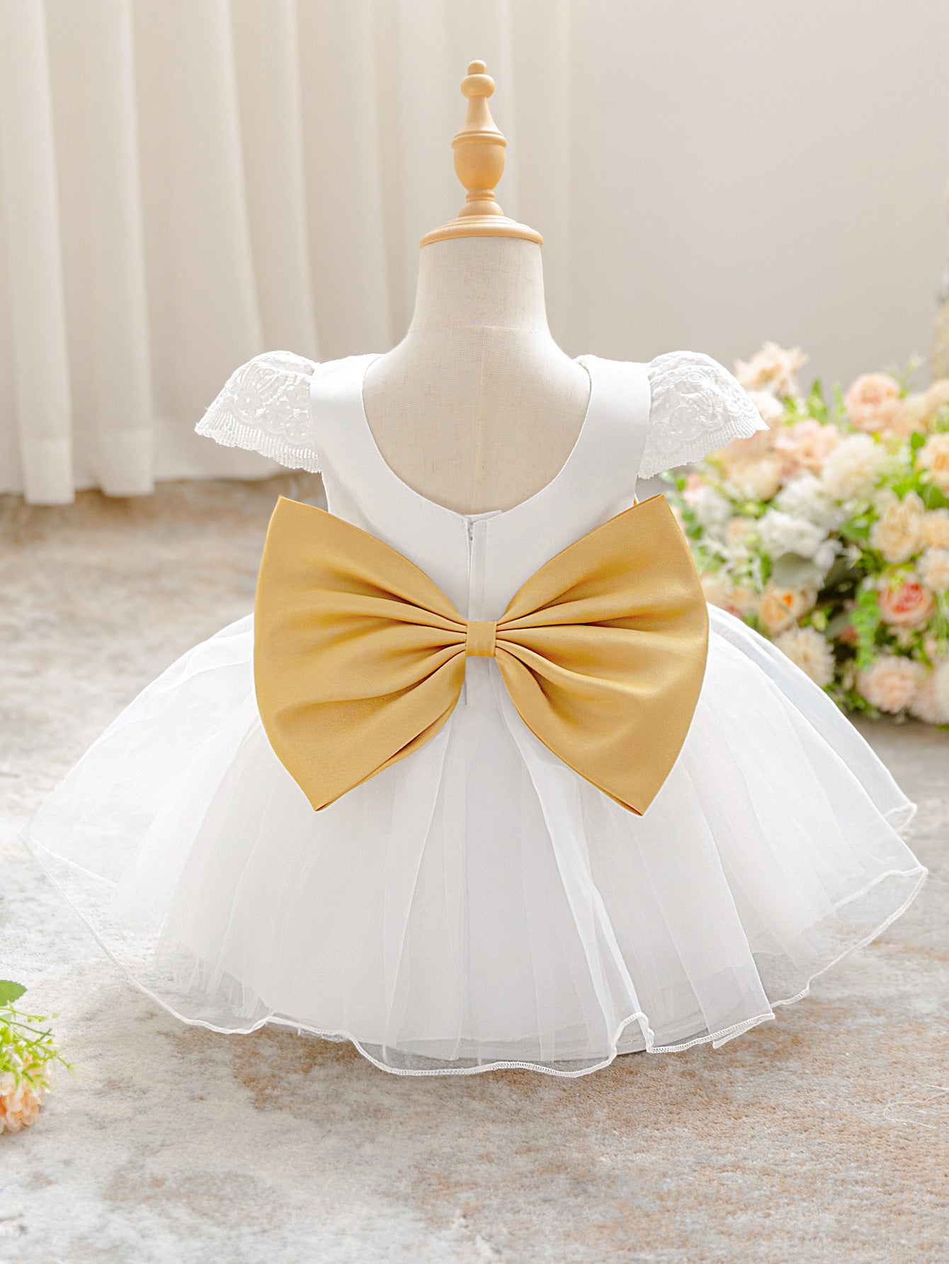 Frocklet Puffy Ball Gown Tea-Length Infant Dress with Lace & Bowknot | Baby Girl Formal White Dress 2