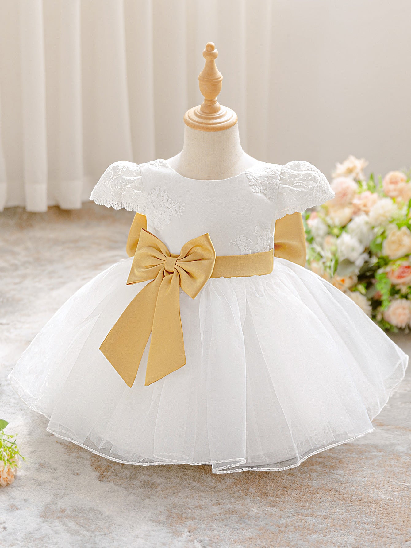 Frocklet Puffy Ball Gown Tea-Length Infant Dress with Lace & Bowknot | Baby Girl Formal White Dress 3