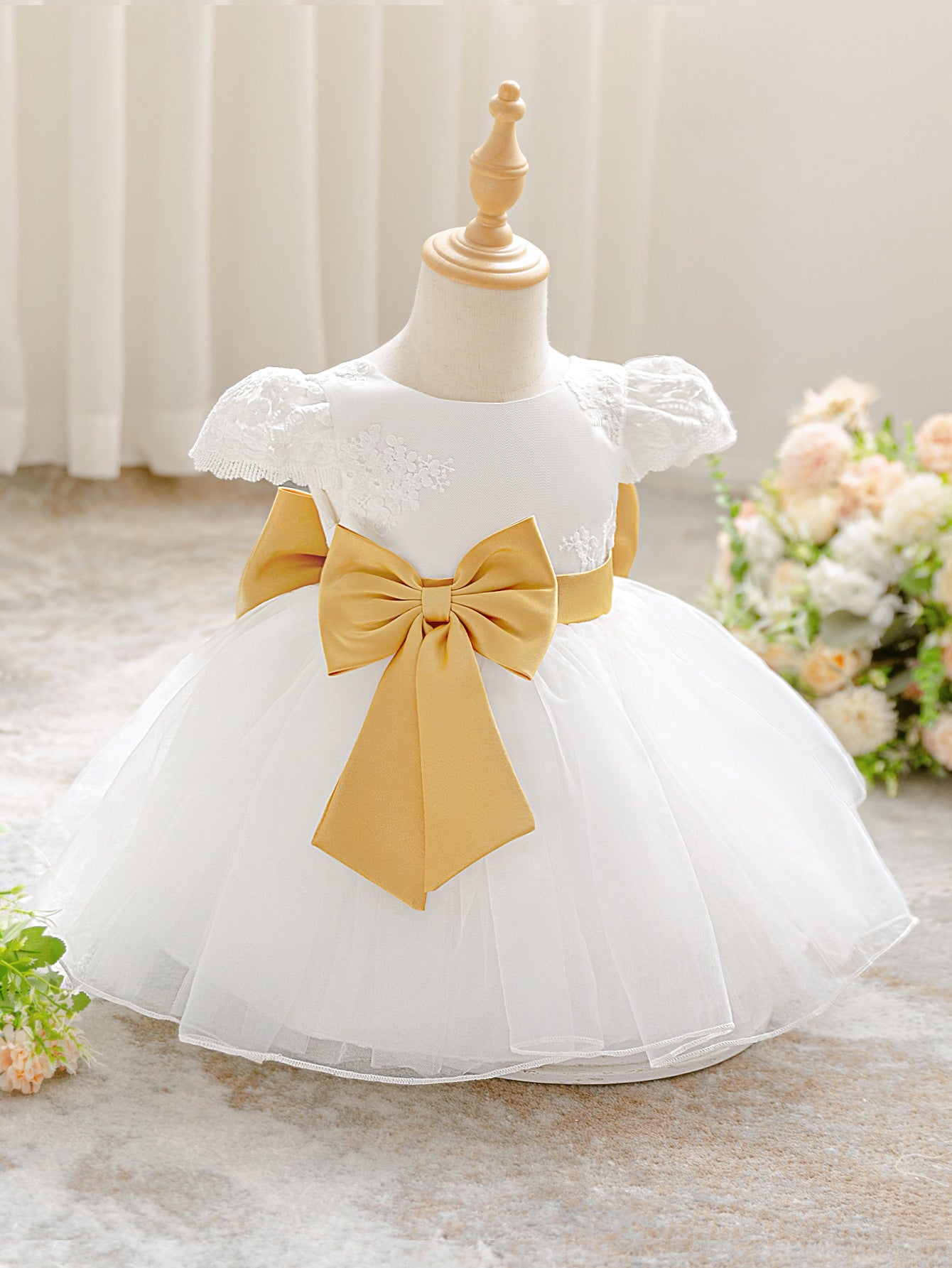 Frocklet Puffy Ball Gown Tea-Length Infant Dress with Lace & Bowknot | Baby Girl Formal White Dress 4