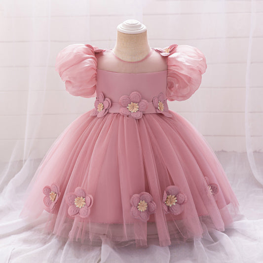 Pink Puffy Tulle Ball Gown for Girls with Applique & Bowknot