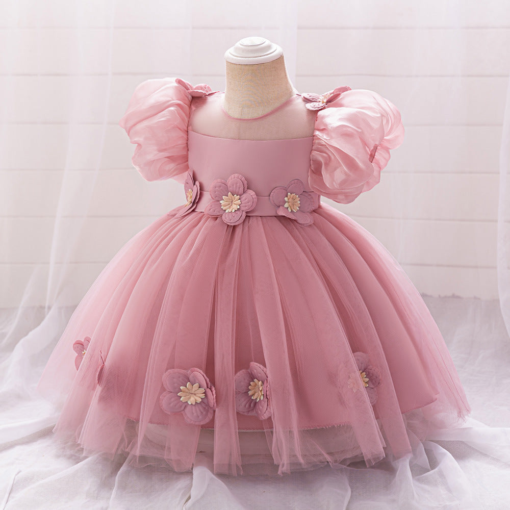 Pink Puffy Tulle Ball Gown for Girls with Applique & Bowknot
