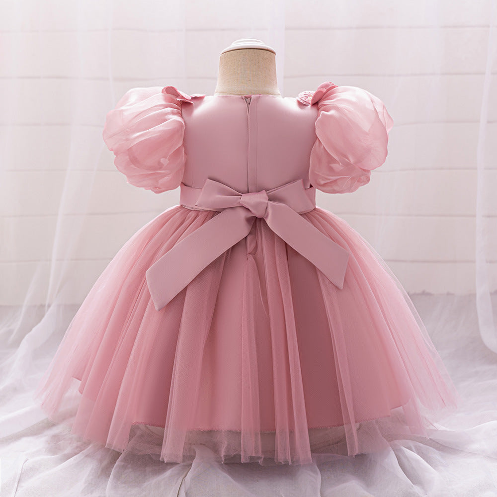 Pink Puffy Tulle Ball Gown for Girls with Applique & Bowknot