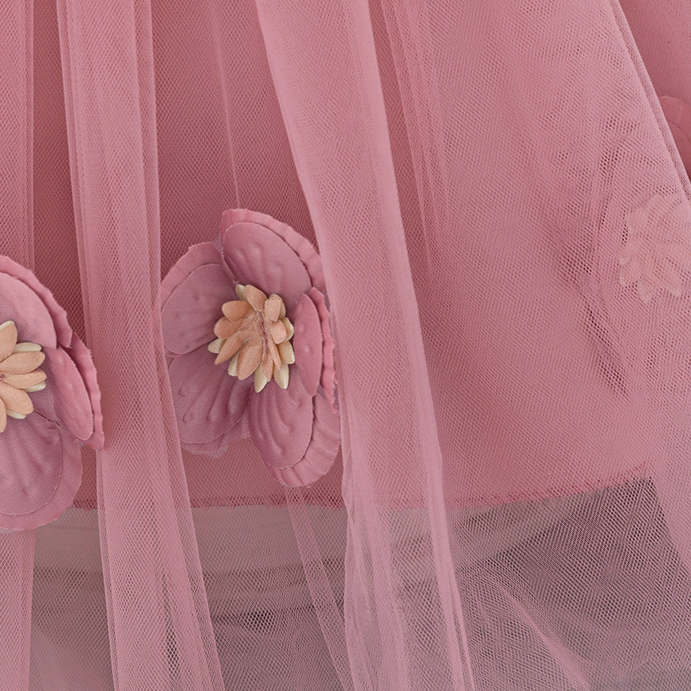 Pink Puffy Tulle Ball Gown for Girls with Applique & Bowknot