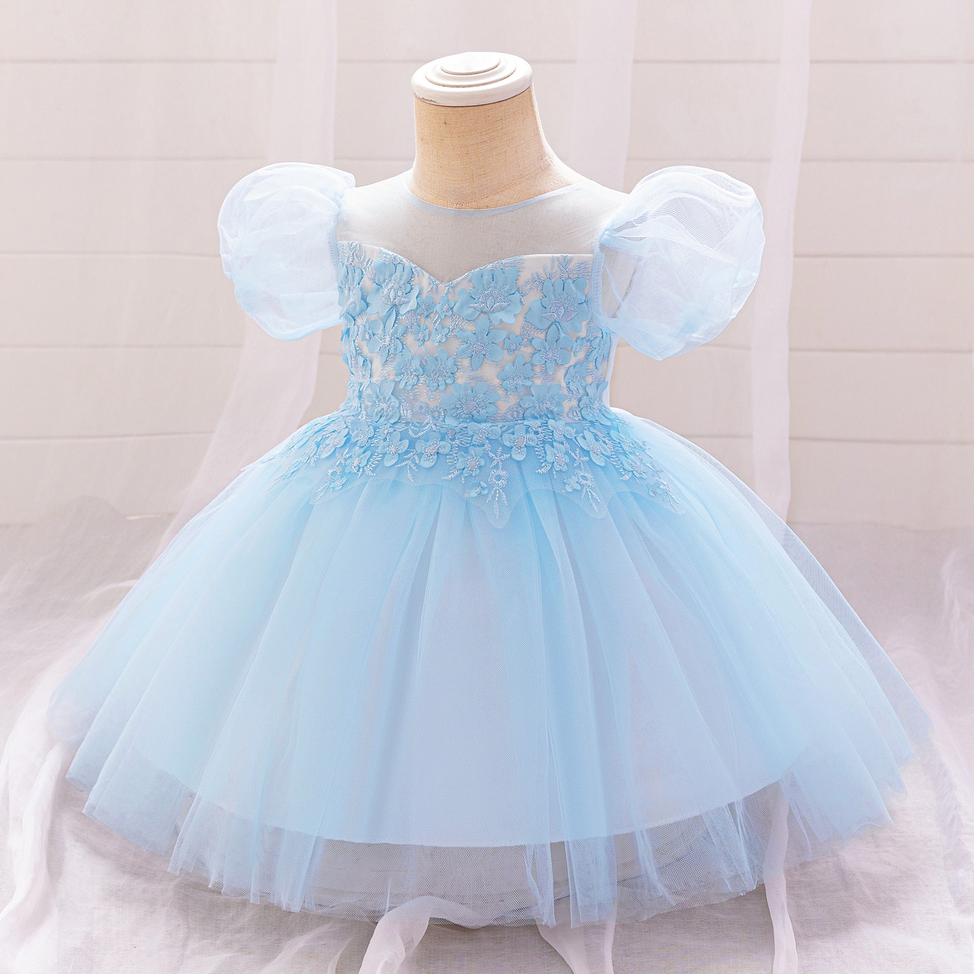 Light Blue Princess Ball Gown Tulle Dress for Babies & Toddlers - Embroidered Puffy Flower Girl Dress