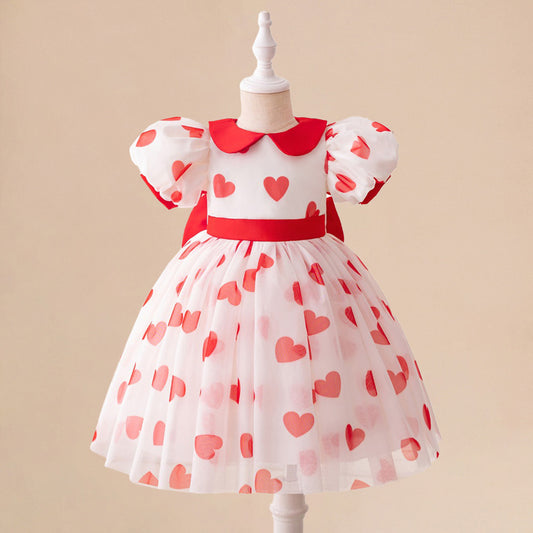Red Princess Puffy Tulle Ball Gown Dress for Girls with Bowknot & Floral Print
