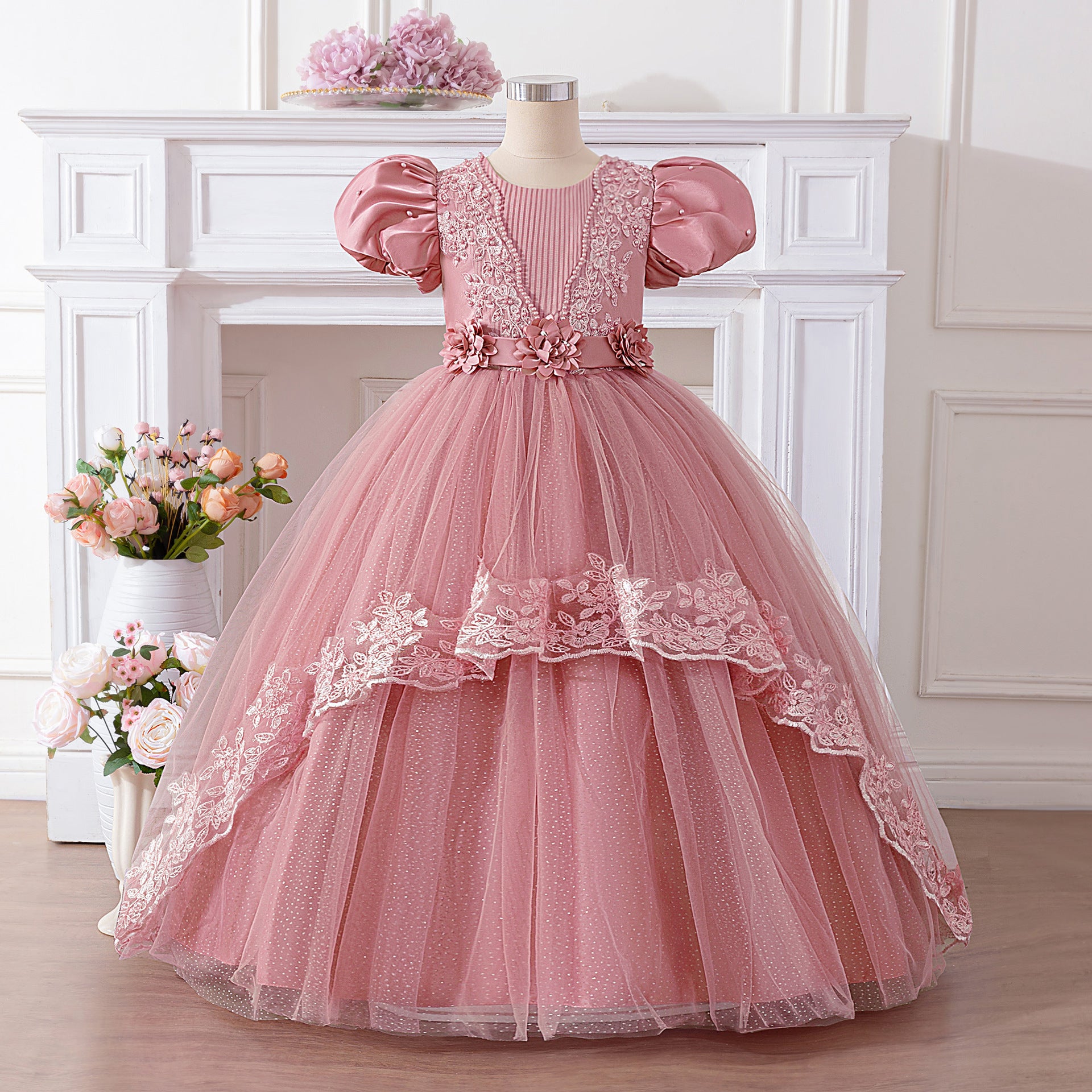 Princess Ball Gown Maxi Dress for Girls in Pink – Lace, Sequins & Puffy Tulle
