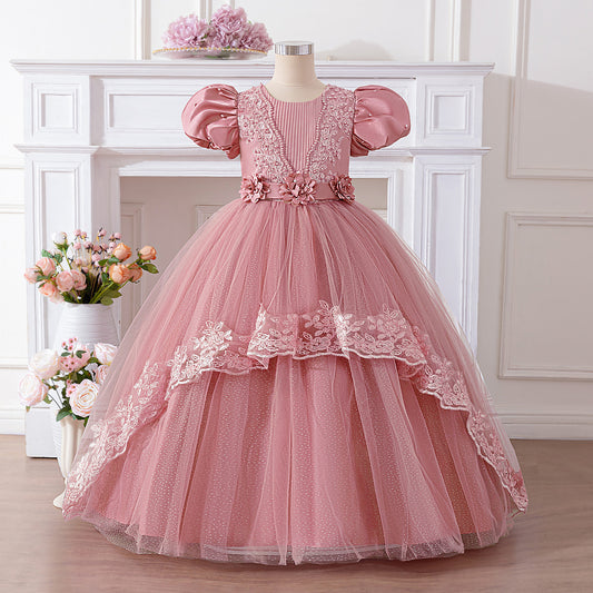 Princess Ball Gown Maxi Dress for Girls in Pink – Lace, Sequins & Puffy Tulle