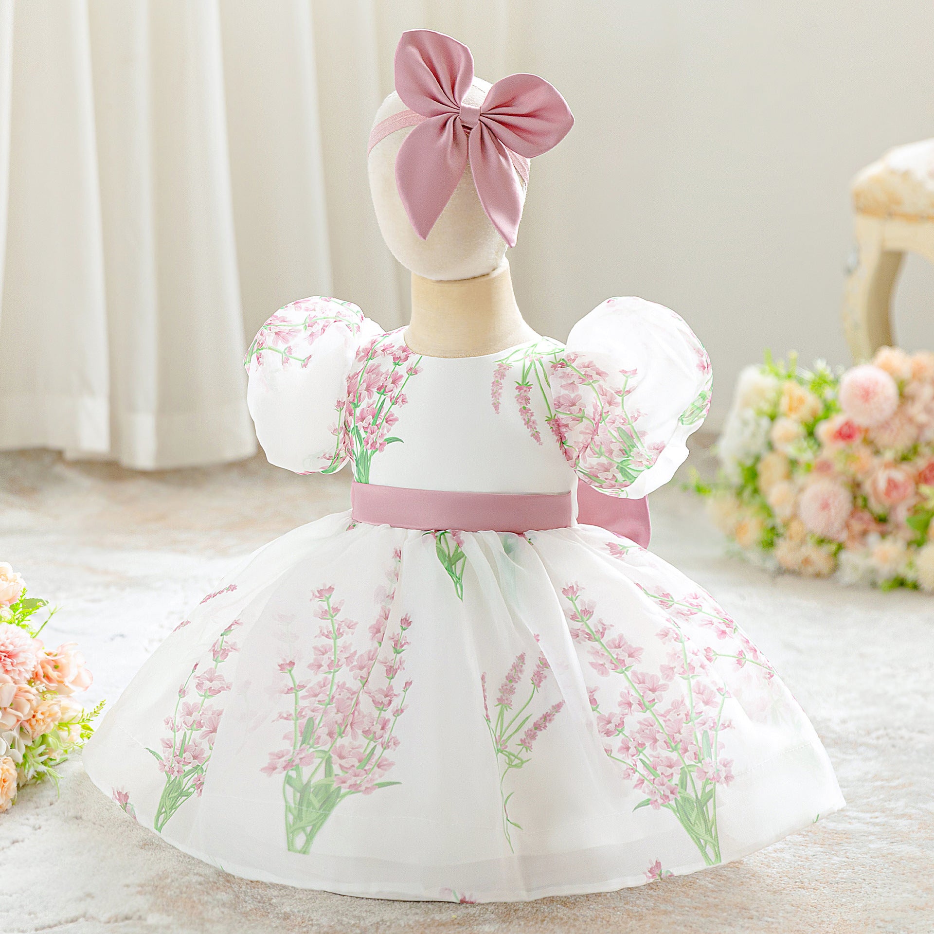 Princess Puffy Tulle Floral Bow Dress for Toddlers & Girls | Tea Length Ball Gown
