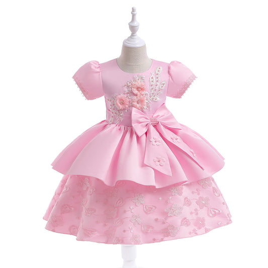 Light Pink Princess A-Line Embroidered Flower Girl Dress – Tea Length Satin Dress for Weddings & Parties