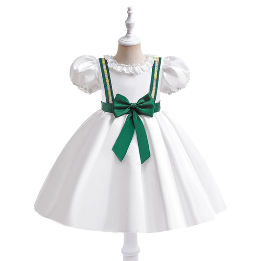 Princess Satin Puff Sleeve Flower Girl Dress - Tea Length White Party & Wedding Gown for Kids