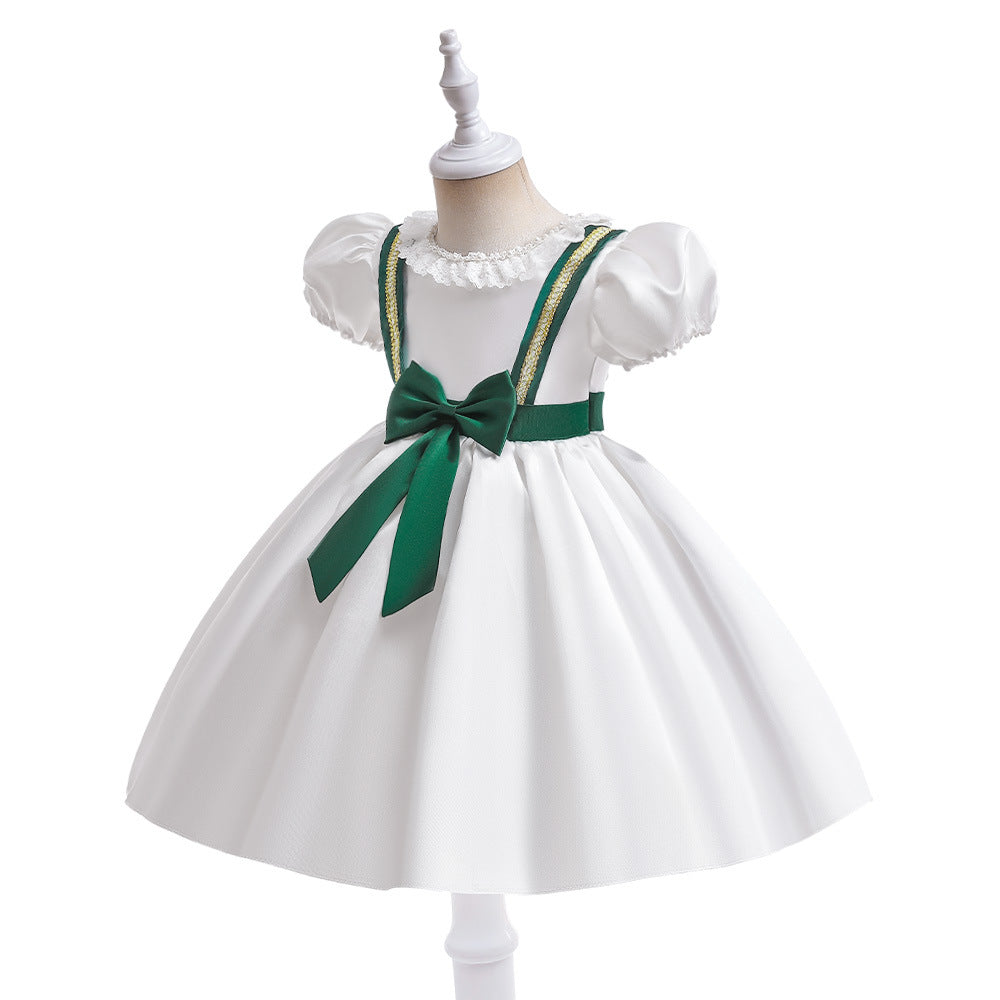 Princess Satin Puff Sleeve Flower Girl Dress - Tea Length White Party & Wedding Gown for Kids