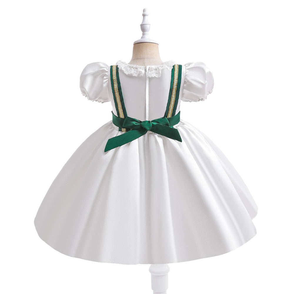 Princess Satin Puff Sleeve Flower Girl Dress - Tea Length White Party & Wedding Gown for Kids