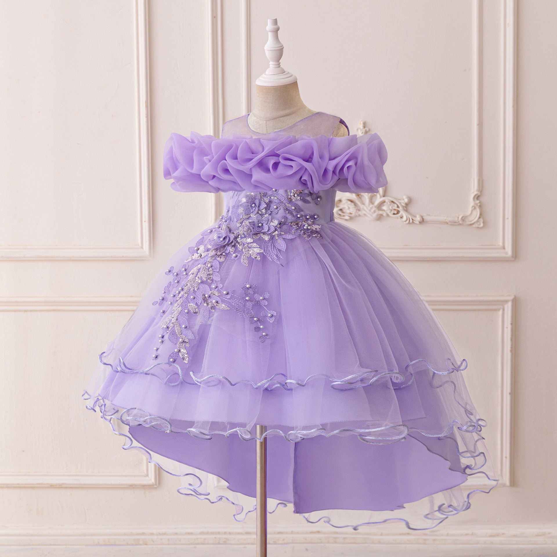 Puffy High-Low Princess Dress for Girls | Off Shoulder Mesh Gown Ages 3-12