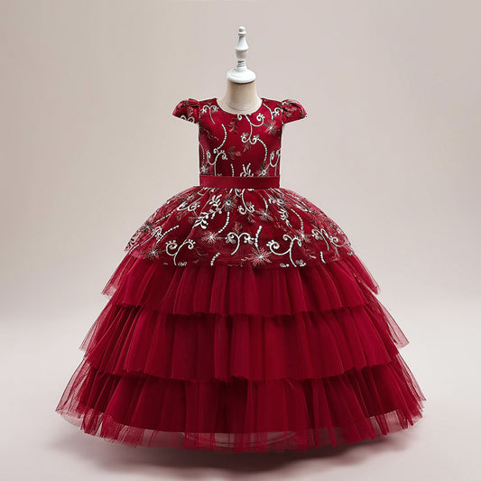 Cute Puffy Maxi Flower Girl Dress with Embroidery & Sequins – Flutter Sleeve Ball Gown for Girls